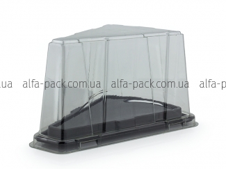 A container for a serving of cake with a black bottom 